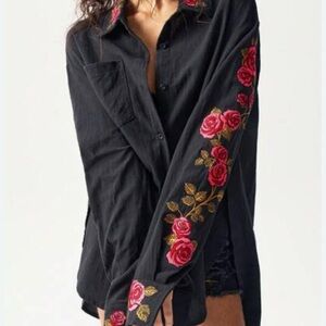 Floral Boho Embroidered Black Shirt